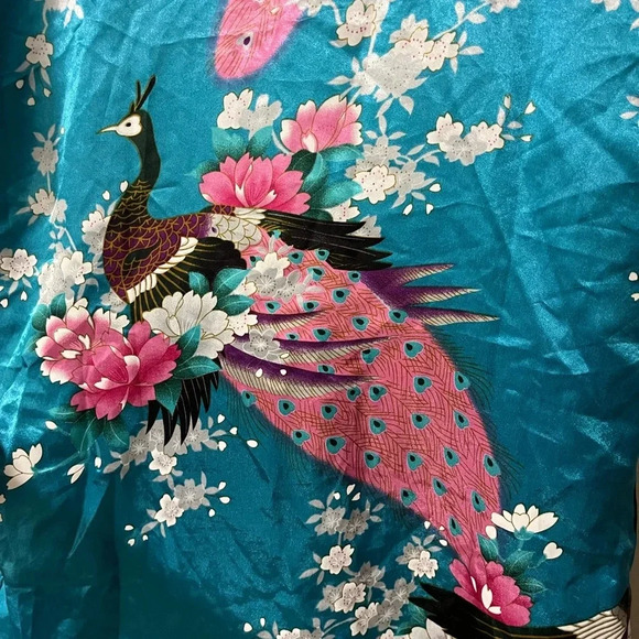 Vintage kimono style tie robe traditional print peacock and blossoms one size - Picture 6 of 7